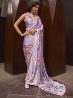 Thumbnail for Mitera Lavender & Pink Floral Satin Saree - Distacart