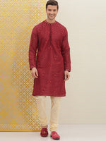 Thumbnail for House of Pataudi Men Red Embroidered Jashn Straight Kurta - Distacart