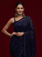 Thumbnail for Koskii Navy Blue Embellished Sequinned Saree - Distacart