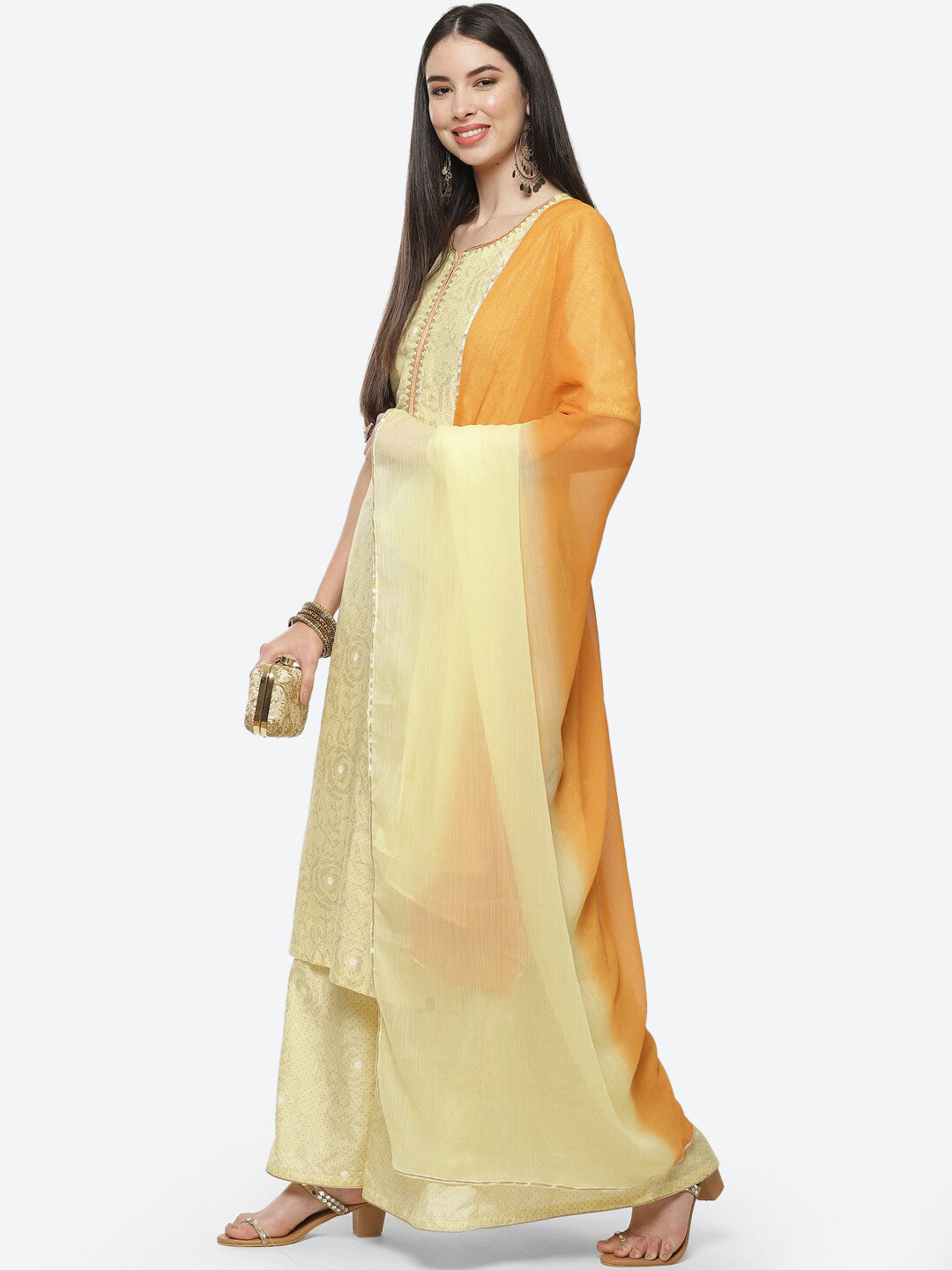 Biba Women Yellow & Rust Printed Kurta with Palazzos & Dupatta - Distacart