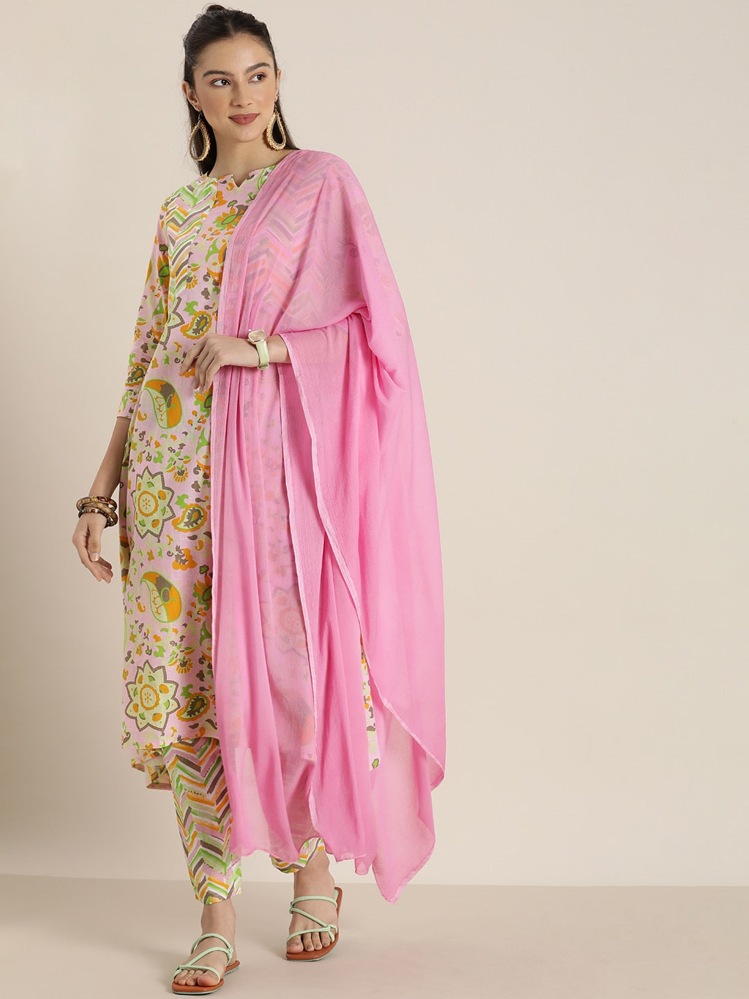 Sangria Women Pink & Yellow Ethnic Motifs Printed Cotton Kurta with Trousers & Dupatta - Distacart
