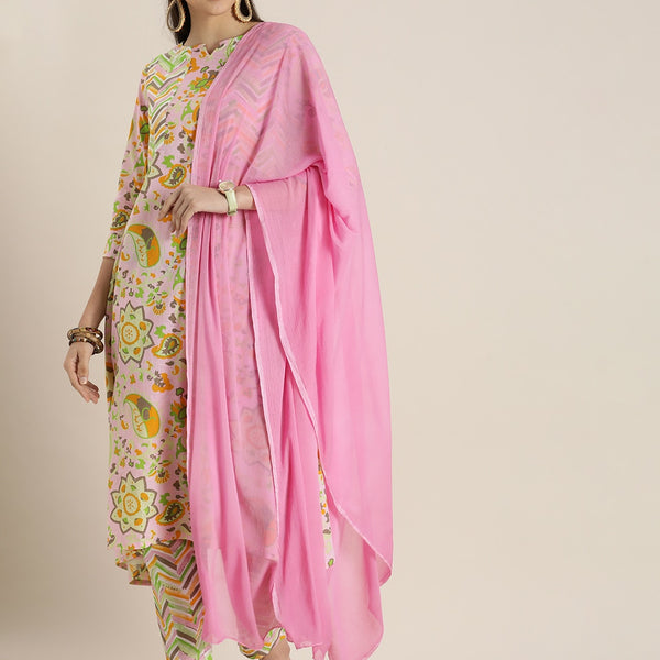 Sangria Women Pink & Yellow Ethnic Motifs Printed Cotton Kurta with Trousers & Dupatta - Distacart