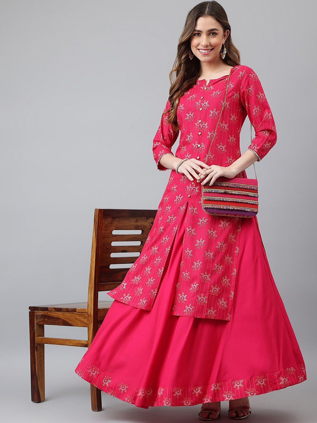 Khushal K Women Pink Ethnic Motifs Printed Kurta with Skirt - Distacart