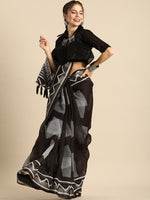 Thumbnail for Sangria Black Printed Pure Linen Saree - Distacart