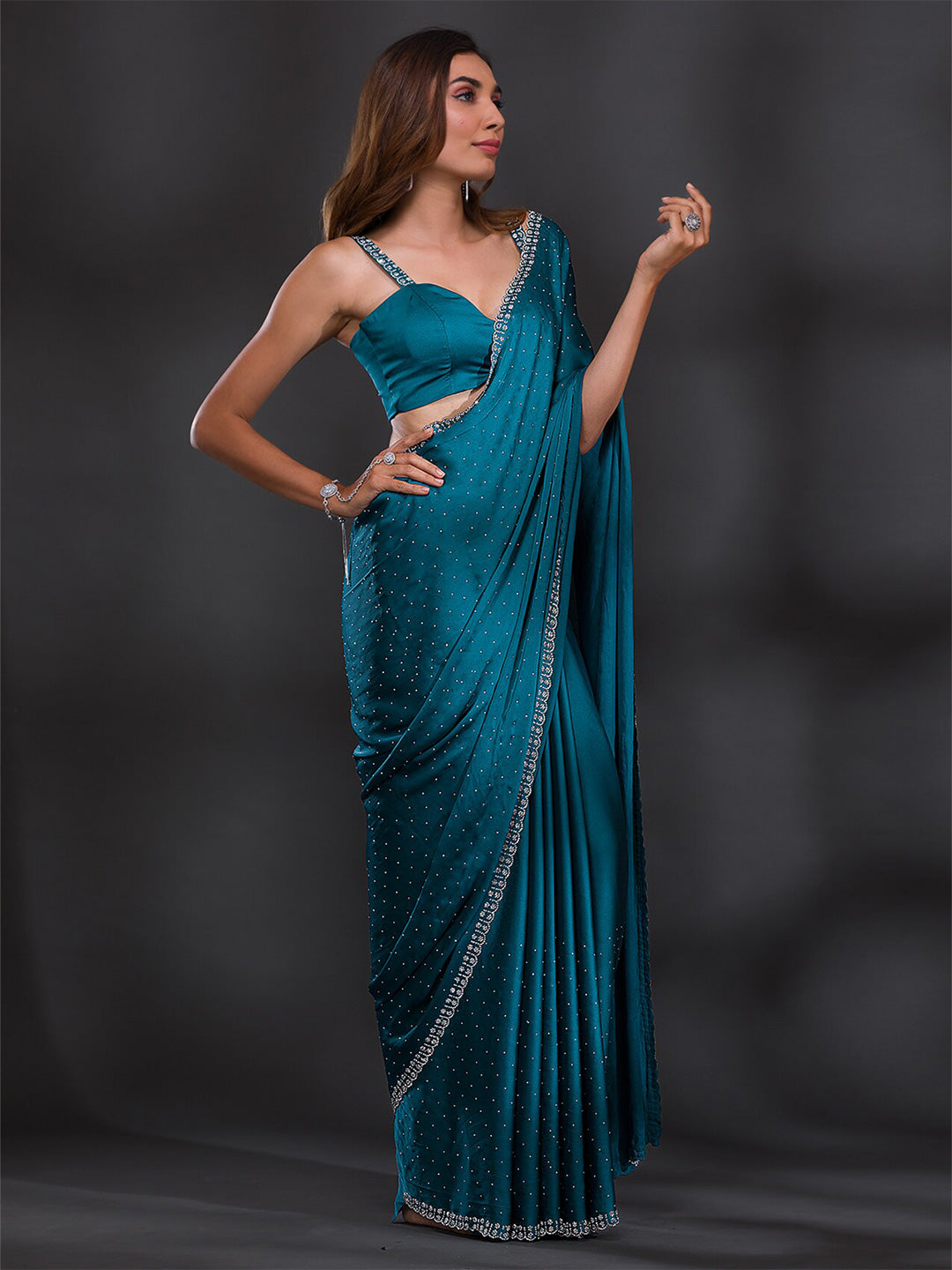 Koskii Embellished Beads and Stones Satin Saree - Distacart