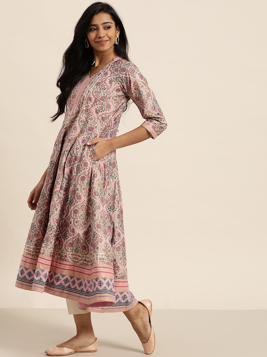 Sangria Women Pink & Green Ethnic Print Anarkali Kurta - Distacart