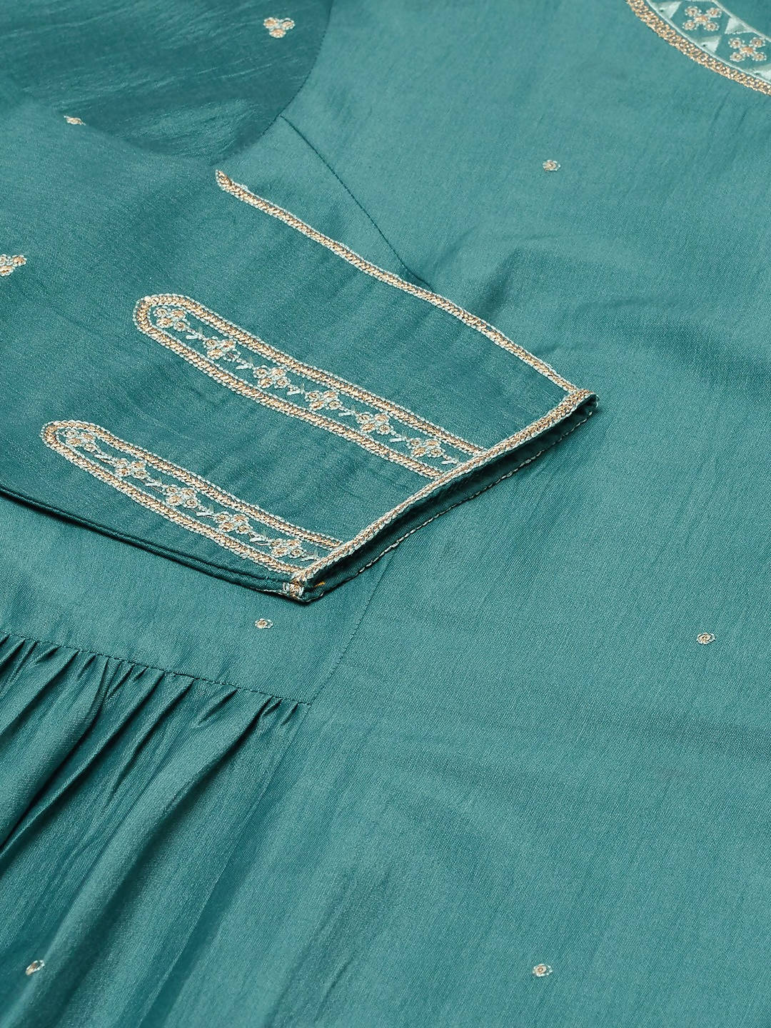 Myshka Dark Green Embroidered 3/4 Sleeve Round Neck Kurta Pant Dupatta Set - Distacart