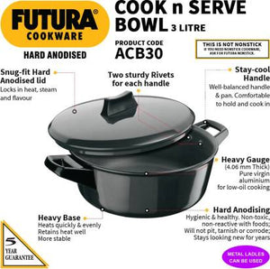 Hawkins Futura Hard Anodised Cook n Serve Bowl Handi 3 L with Lid (ACB30) - Distacart