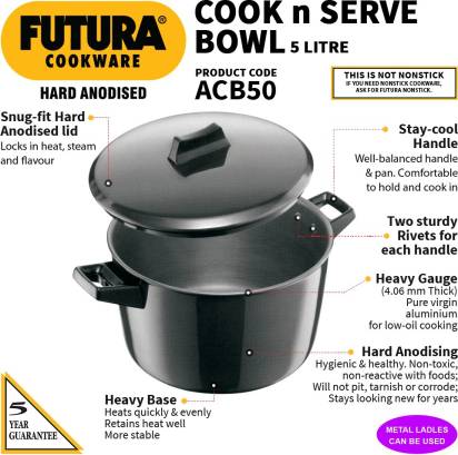 Hawkins Futura Hard Anodized Cook-n-Serve Bowl 5 L with Lid (ACB50) - Distacart
