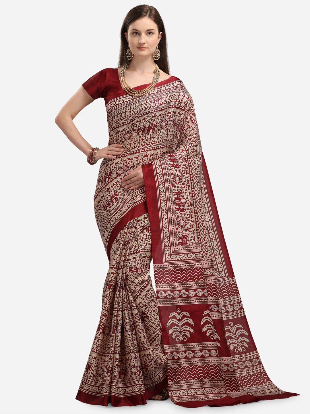 Kalini Maroon & Cream-Coloured Khadi Silk Kalamkari Saree - Distacart