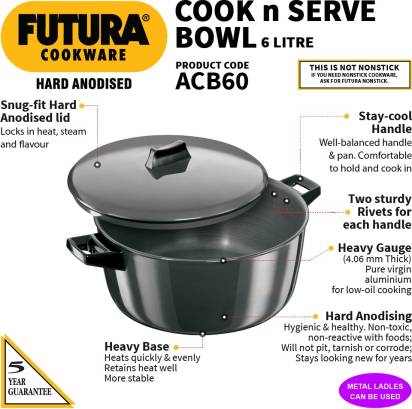 Hawkins Futura Hard Anodised Cook-n-Serve Bowl 6 L Capacity (ACB60) - Distacart
