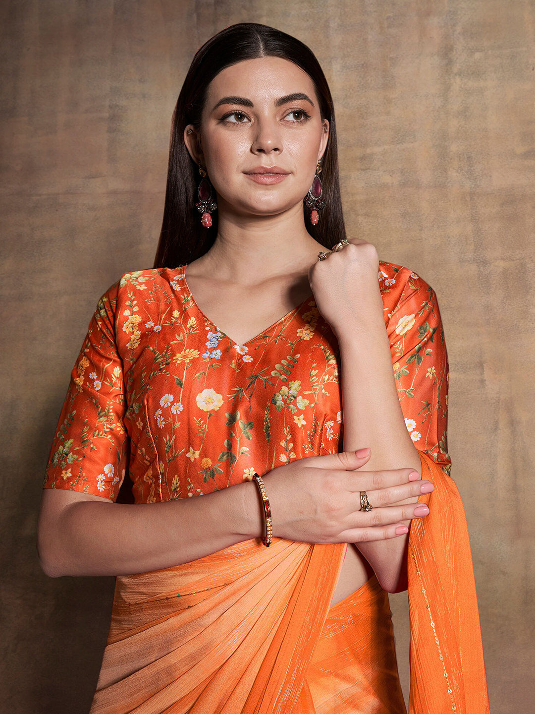 Mitera Orange Embellished Sequinned Pure Chiffon Saree - Distacart