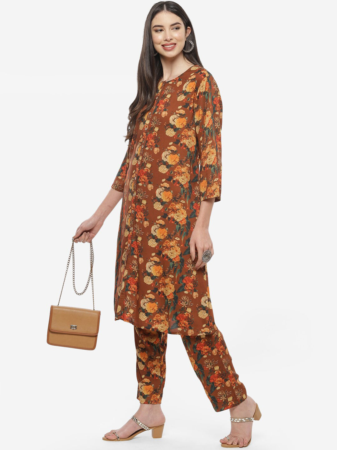 Biba Women Brown Floral Printed Kurta with Trousers - Distacart