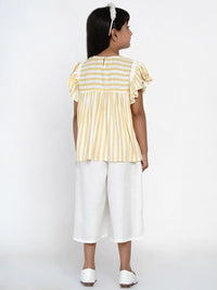 Thumbnail for NOZ2TOZ Yellow & Off-White Striped Top with Capris For Girls - Distacart