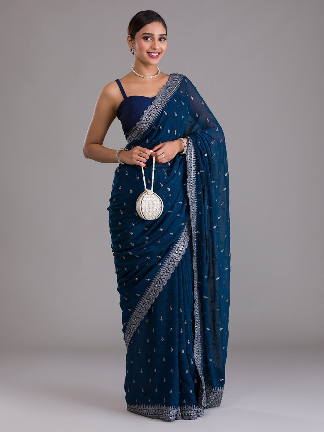Koskii Blue & Silver-Toned Embellished Beads and Stones Heavy Work Saree - Distacart