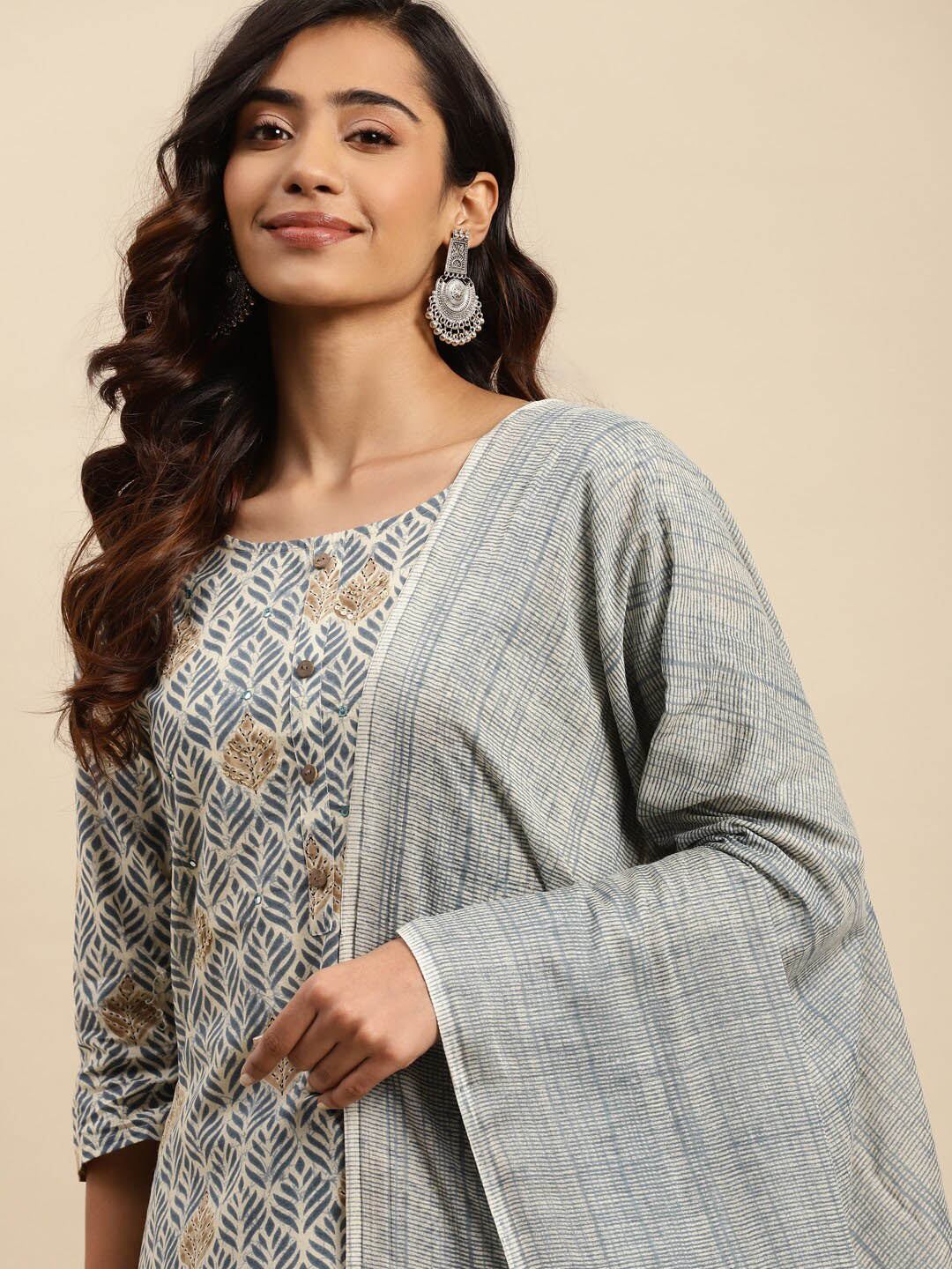 Sangria Floral Printed Mirror Work Pure Cotton Kurta With Trouser & Dupatta - Distacart