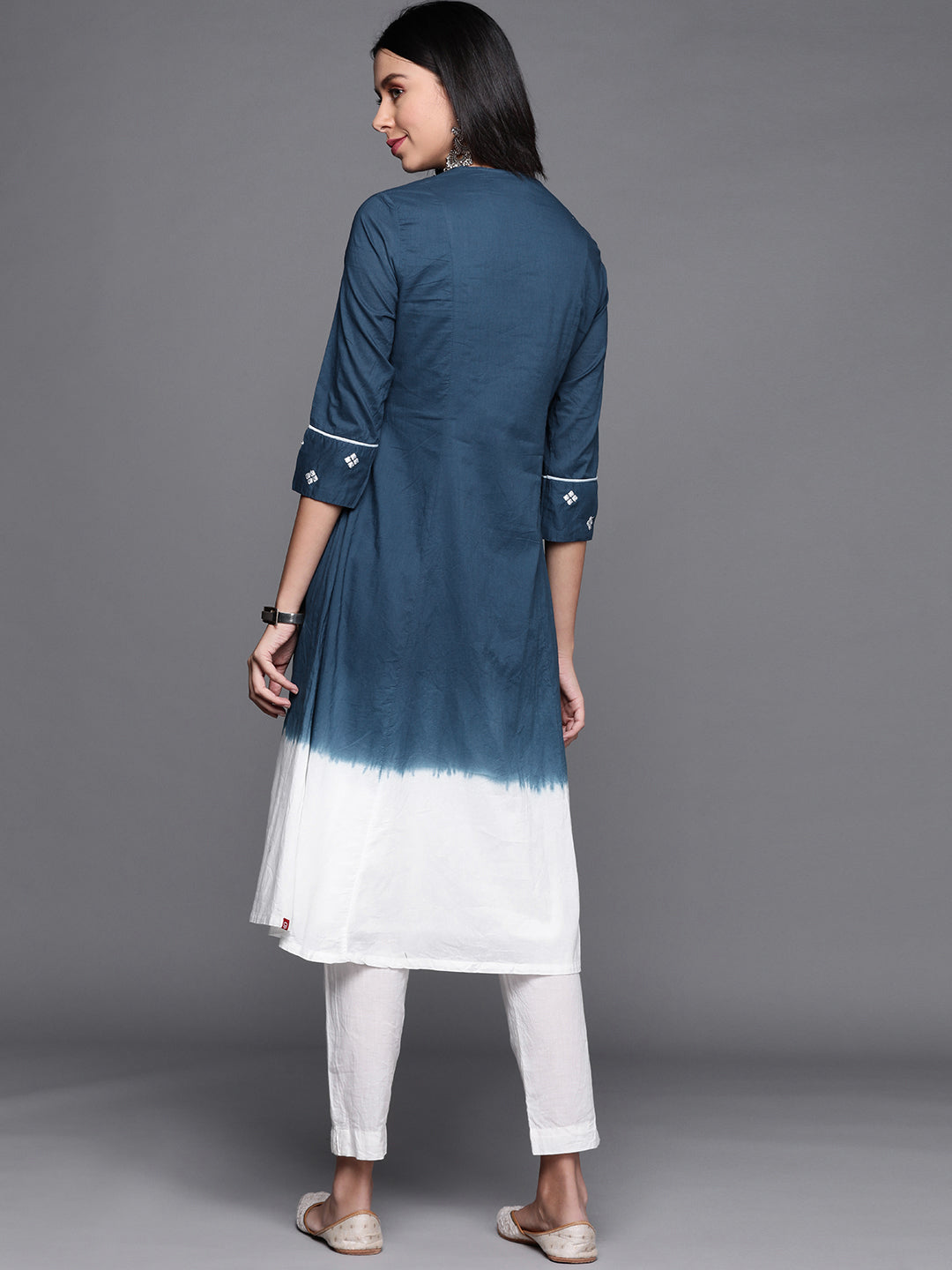Biba Women Navy Blue & White Geometric Yoke Design Dyed Cotton Indigo Kurta - Distacart