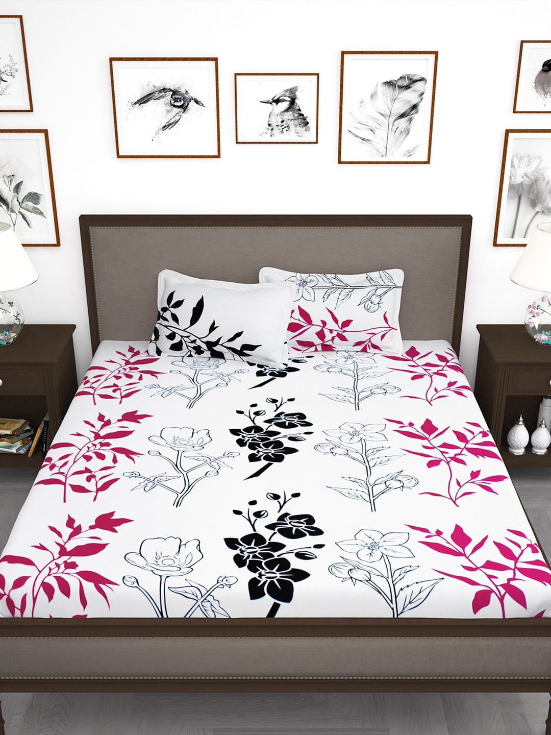 Story@home White & Pink Floral King Bedsheet with 2 Pillow Covers - Distacart