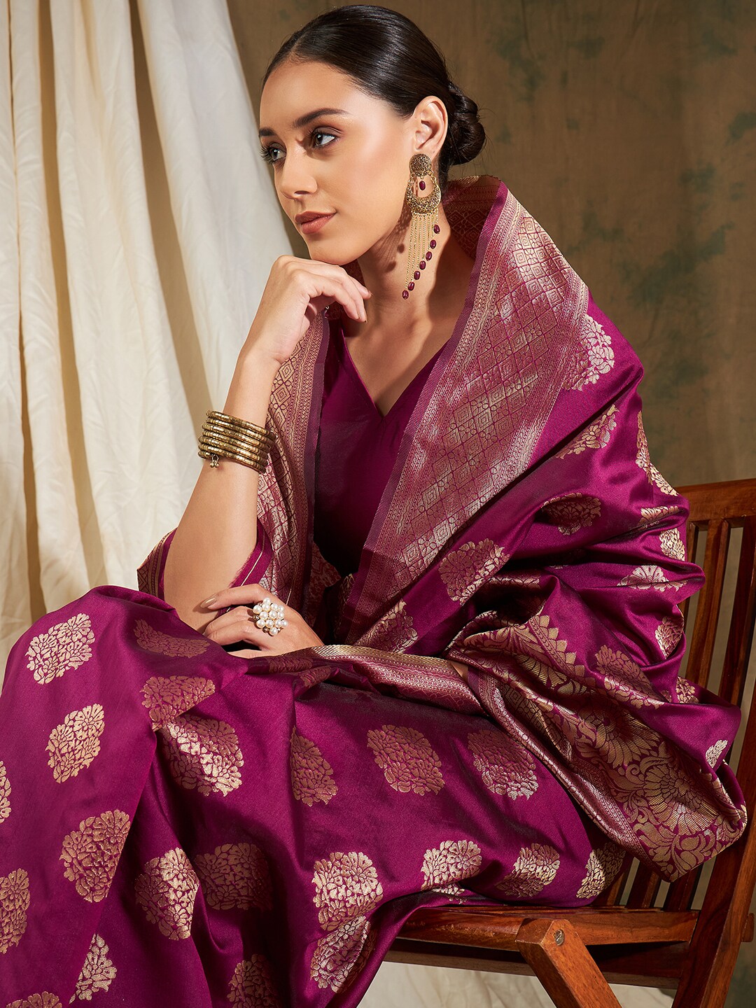 Sangria Burgundy & Gold-Toned Ethnic Motifs Woven Design Zari Silk Blend Banarasi Saree - Distacart