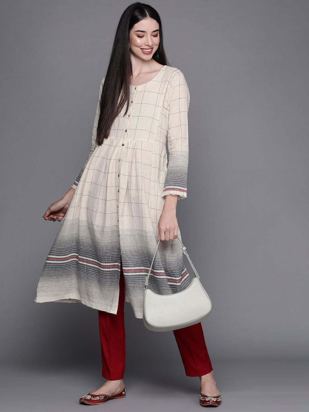 Biba Women Off White & Grey Checked Extended Sleeves Anarkali Kurta - Distacart