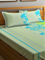 Thumbnail for Home Sizzler Green & Blue Floral Cotton 210 TC Queen Bedsheet with 2 Pillow Covers - Distacart