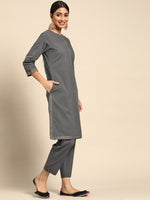 Thumbnail for Sangria Women Charcoal Grey Pure Cotton Solid Kurta with Cropped Trousers - Distacart