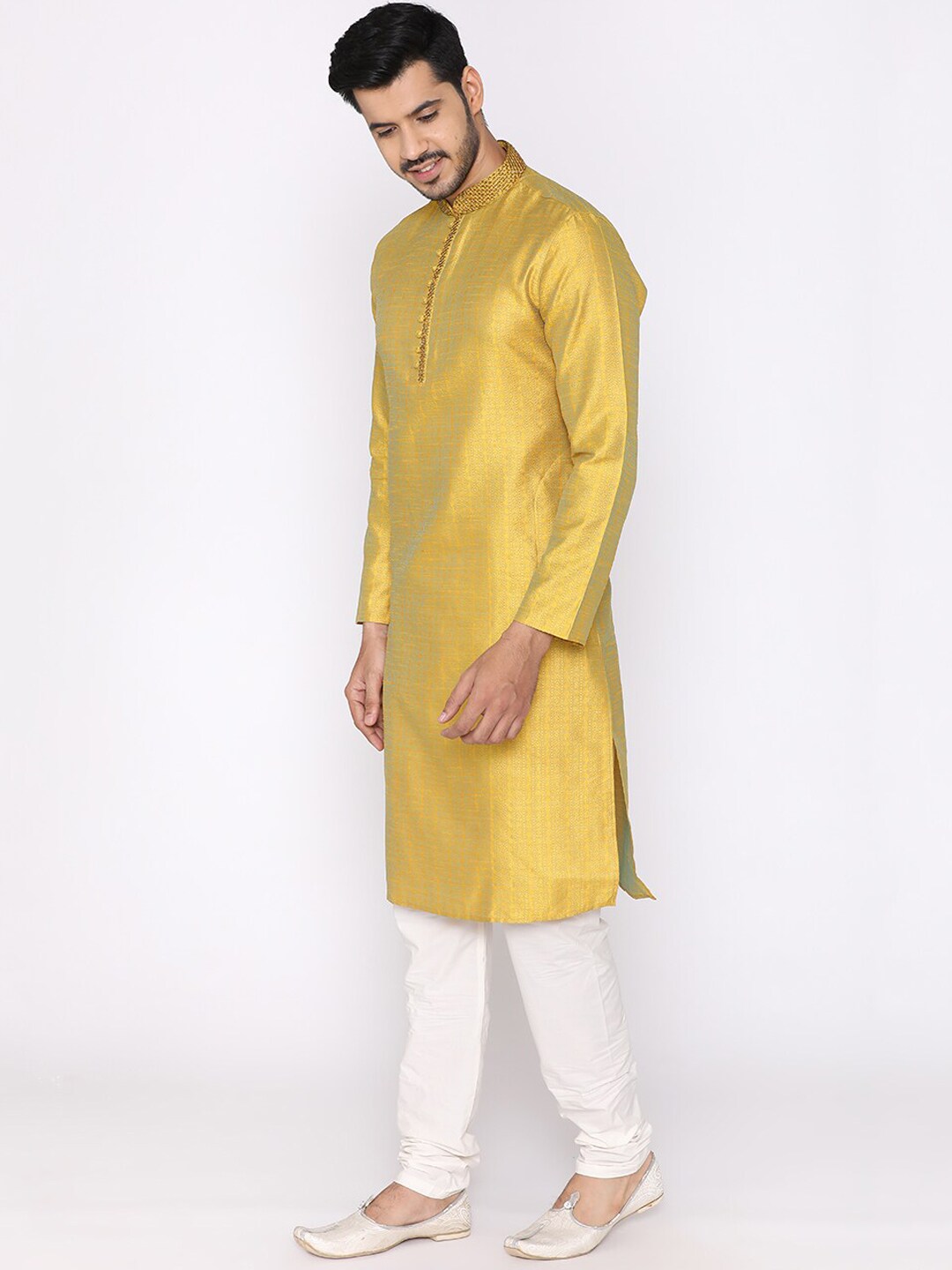 Manyavar Men Yellow & White Self Design Kurta with Churidar - Distacart