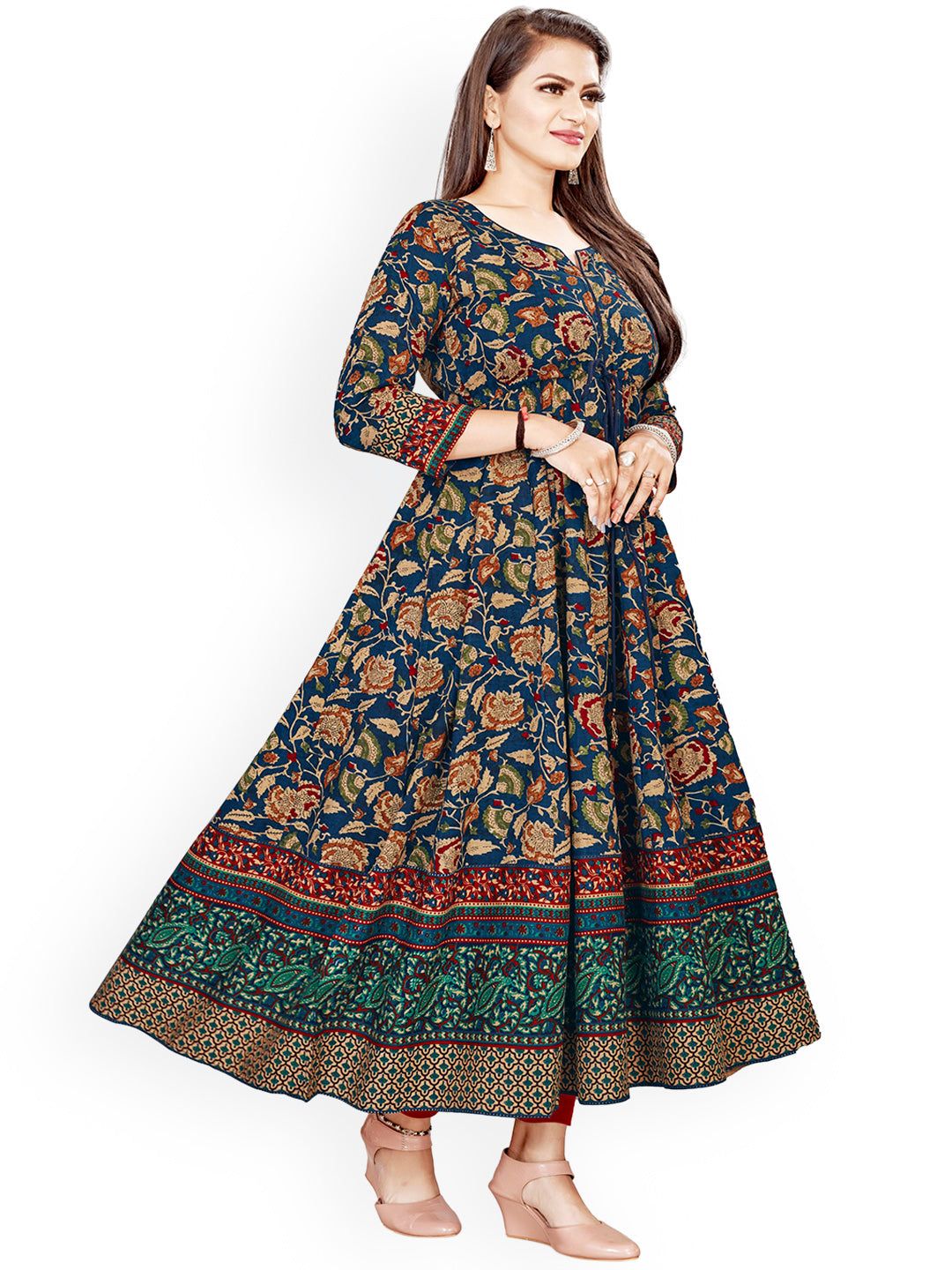 Kalini Women Navy Blue & Beige Ethnic Motifs Printed Anarkali Kurta with Tie-Ups - Distacart