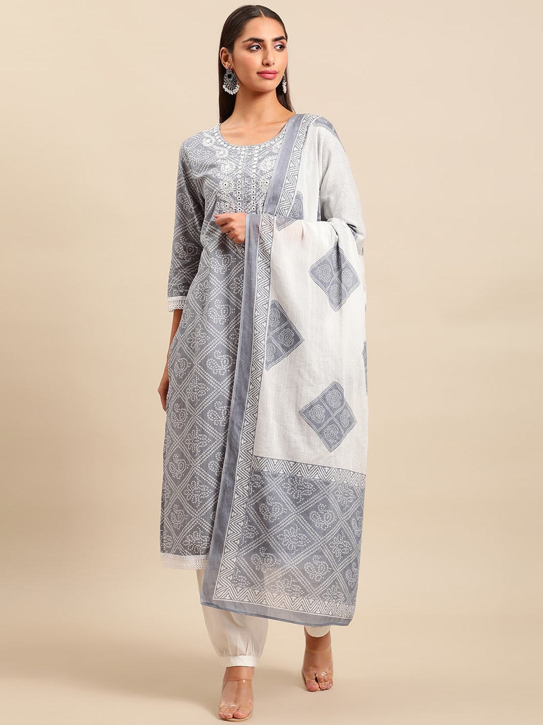 Sangria Women Bandhani Printed Thread Work Pure Cotton Kurta With Salwar & Dupatta - Distacart