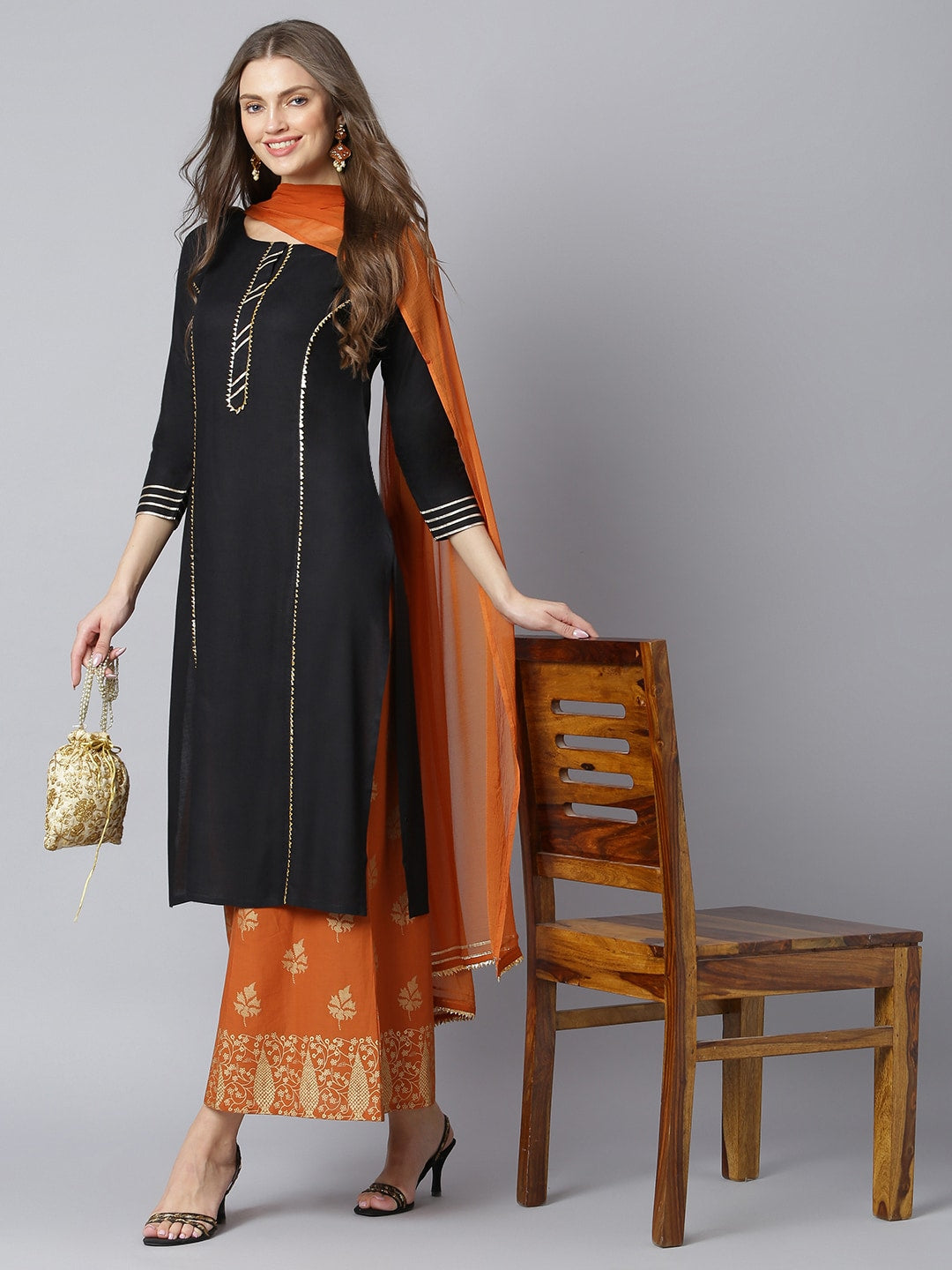 Khushal K Women Black Woven Design Kurta with Palazzos & Dupatta - Distacart