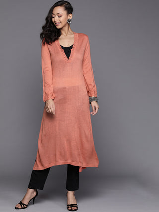 Biba Women Peach-Coloured Solid Kurta - Distacart