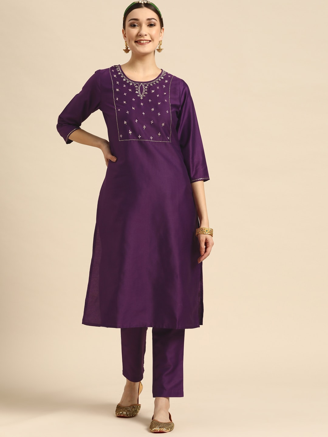 Sangria Women Purple Ethnic Motifs Embroidered Kurta with Trousers - Distacart
