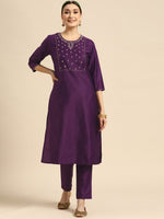 Thumbnail for Sangria Women Purple Ethnic Motifs Embroidered Kurta with Trousers - Distacart