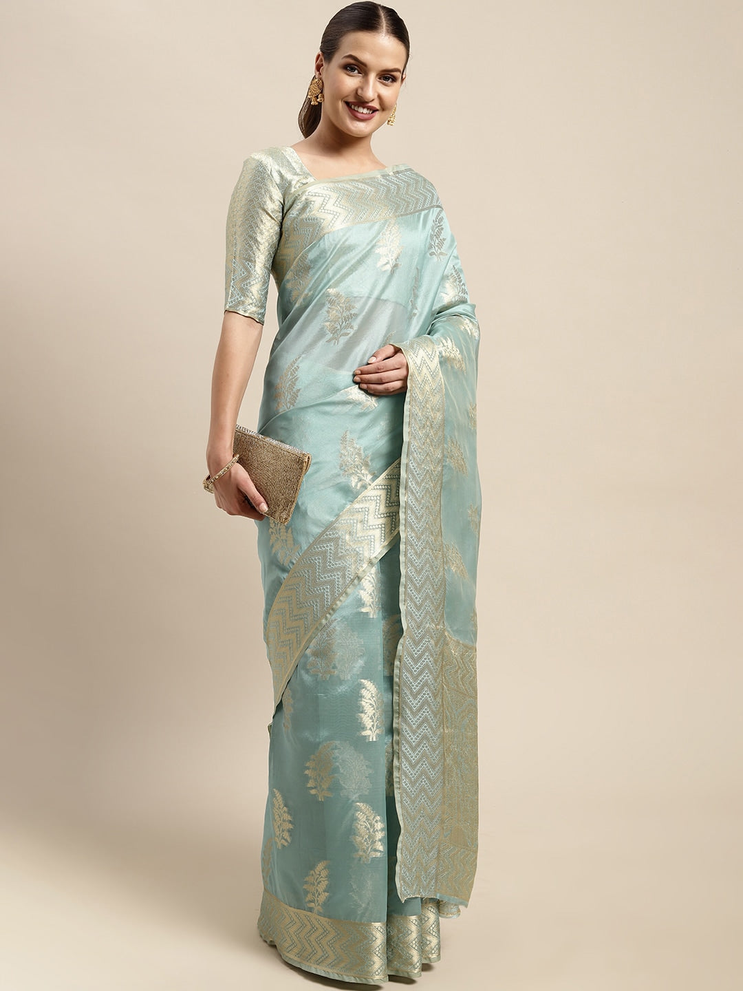 Mitera Blue & Gold-Toned Ethnic Motifs Zari Organza Kanjeevaram Saree - Distacart