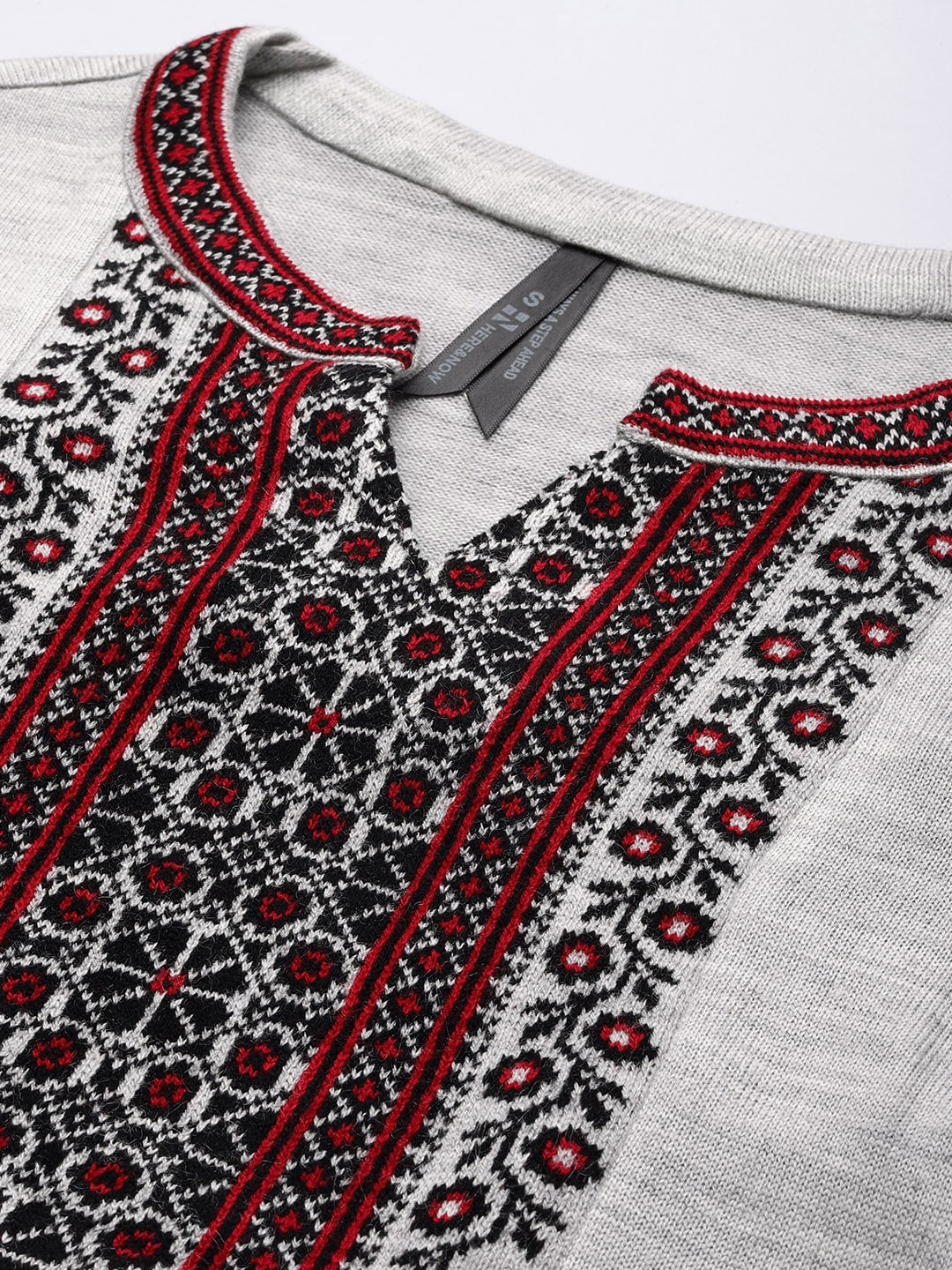 HERE&NOW Women Grey Melange & Red Ethnic Motifs Yoke Design Thread Work Kurta - Distacart