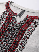 Thumbnail for HERE&NOW Women Grey Melange & Red Ethnic Motifs Yoke Design Thread Work Kurta - Distacart