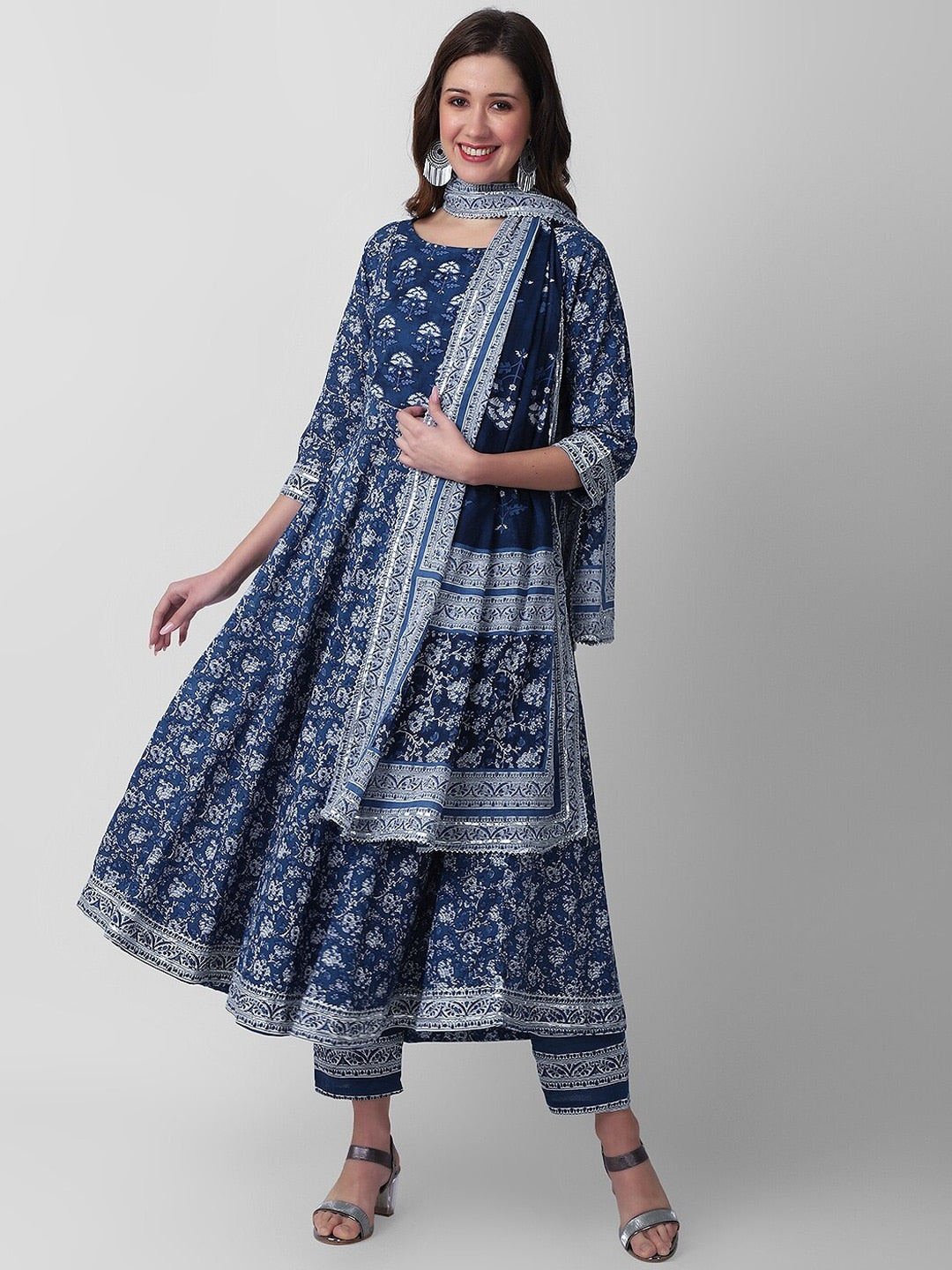 Kalini Floral Printed Anarkali Pure Cotton Kurta with Palazzos & Dupatta - Distacart