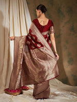Thumbnail for Sangria Maroon Ethnic Motifs Woven Design Zari Banarasi Saree - Distacart