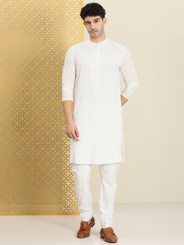 House of Pataudi Men Chikankari Embroidered Pure cotton Jashn Kurta with Churidar - Distacart