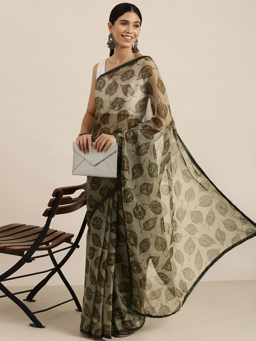 Sangria Olive Green Leaf Print Pure Chiffon Saree - Distacart