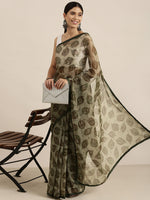 Thumbnail for Sangria Olive Green Leaf Print Pure Chiffon Saree - Distacart
