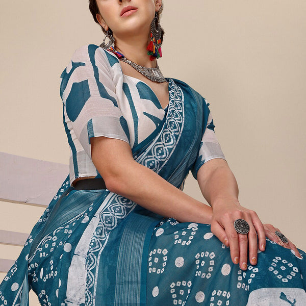 Sangria Teal & White Floral Printed Pure Linen Saree - Distacart