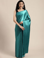 Thumbnail for Mitera Teal Blue Solid Satin Saree - Distacart