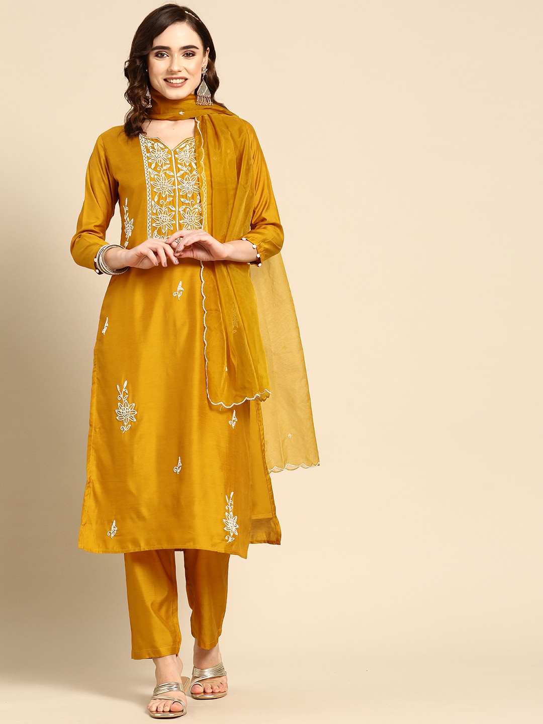 Sangria Women Mustard Yellow & White Embellished Beaded Kurta with Trousers & Dupatta - Distacart