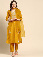 Thumbnail for Sangria Women Mustard Yellow & White Embellished Beaded Kurta with Trousers & Dupatta - Distacart