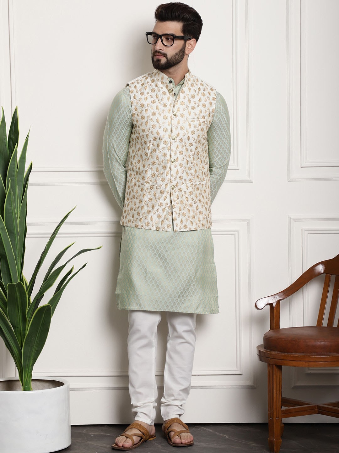 Sojanya Woven Design Mandarin Collar Kurta with Churidar & Nehru Jacket - Distacart