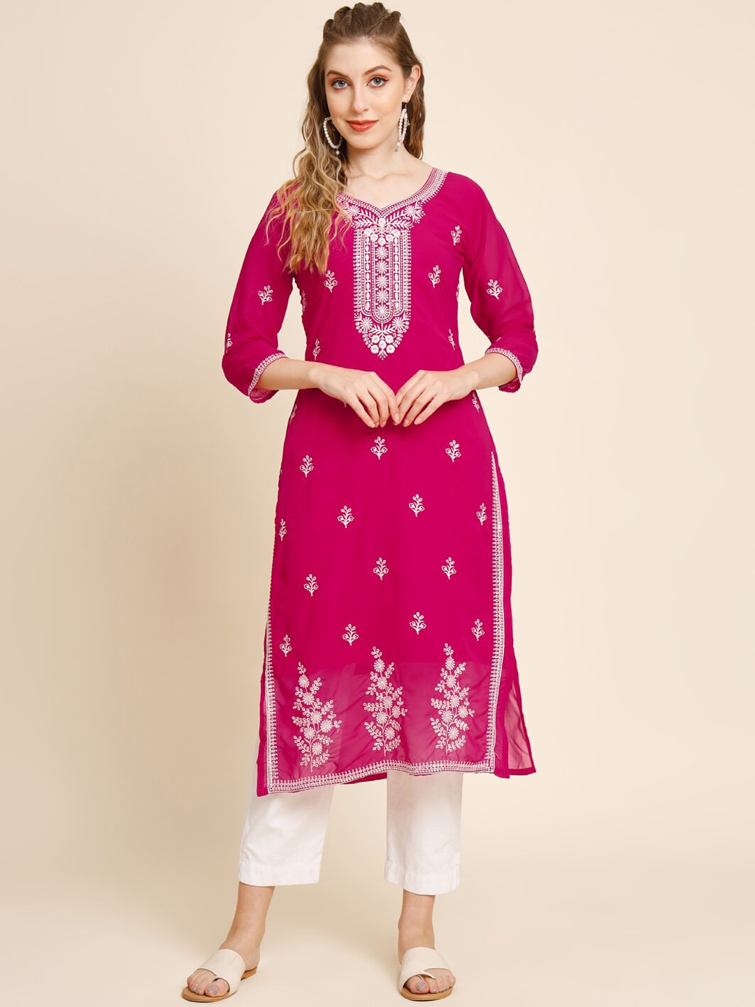 HERE&NOW Ethnic Motifs Embroidered Thread Work Georgette Kurta - Distacart