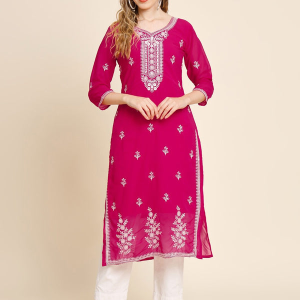 HERE&NOW Ethnic Motifs Embroidered Thread Work Georgette Kurta - Distacart