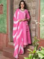 Thumbnail for Sangria Pink Bandhani Printed Angrakha Mirror Work Pure Cotton Kurta Set - Distacart