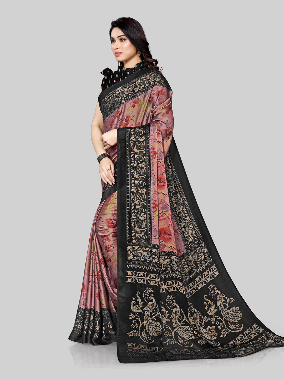 Kalini Pink & Black Floral Saree - Distacart